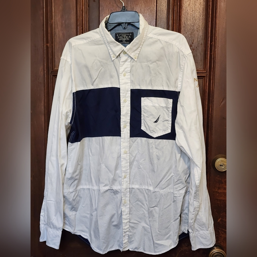 Nautica Button Down Casual Men's White/Blue Maritime Long Sleeve Shirt-XL